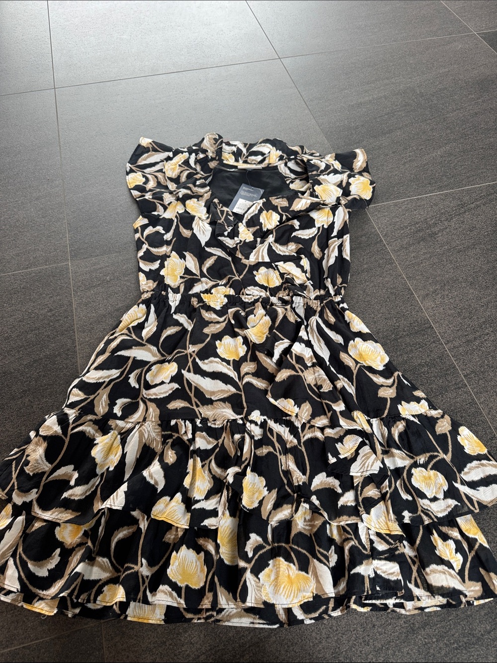 Universal Thread Black Floral Ruffle Tiered Dress with Yellow and Cream Blossoms